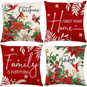 Juego de 4 fundas de cojín navideñas con cardenales rojos y motivos florales festivos