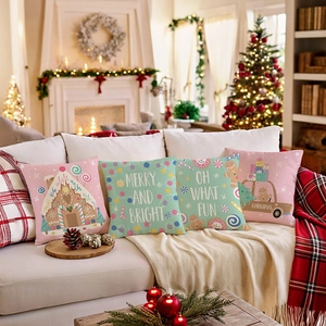 Weihnachten Deko Kissenbezug Lebkuchenhaus Cartoon Druck Polyester Leinenoptik Kissenhülle Für Sofa Haus Dekoration
