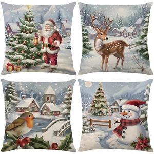 Christmas Pillow Covers Faux Linen Santa Claus Reindeer Snowman Print Holiday Square Cushion Case For Sofa Home Retro