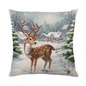 Christmas pillow cover with festive winter deer and snowy house illustration on faux linen