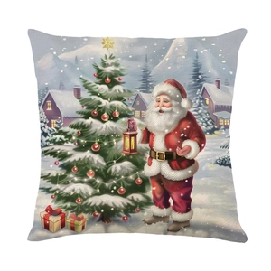 Christmas Santa Claus faux linen pillowcase with festive tree and snow village print