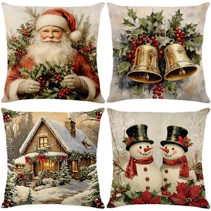 Set aus vier Weihnachts-Kissenbezügen mit Weihnachtsmann, Glocken und Schneemann-Motiven