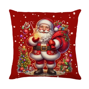 Square Christmas pillow case featuring Santa Claus with gift bag on red linen background