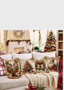 Juego de 4 fundas de cojín navideñas con renos y Papá Noel en un sofá muy acogedor