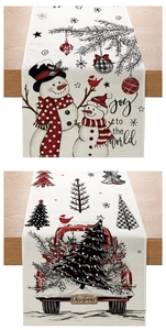 Detail of Christmas table runner with snowman and vintage red truck holiday prints