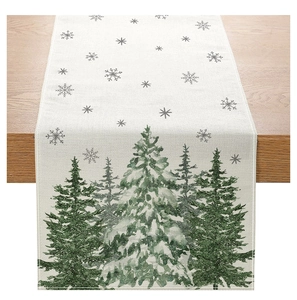 Detail of Christmas table runner with thick linen texture and green pine tree patterns