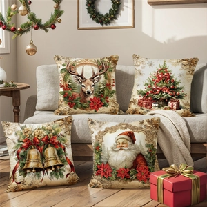 Vintage Christmas Pillow Case Polyester Linen Texture Reindeer Santa Claus Tree Bell Pattern Decorative Cushion Cover For Home Sofa