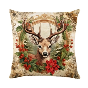 Square Christmas pillow case featuring reindeer and holly berries on linen texture