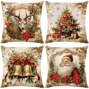 Set of 4 vintage Christmas throw pillow covers with reindeer and Santa Claus patterns