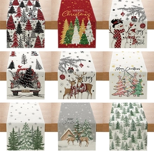 Christmas Table Runner Faux Linen Holiday Dining Table Decoration Snowman Reindeer Tree Print Fabric