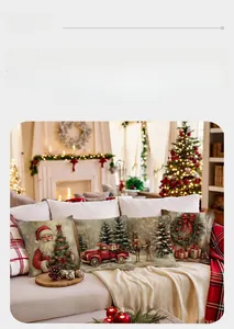 Set of four Christmas cushion covers featuring Santa Claus, red truck, and elk patterns