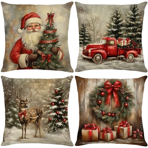 Set of 4 vintage Christmas pillow covers with red truck and reindeer on linen