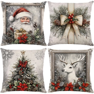 4er-Set Vintage-Weihnachtskissenbezüge mit Rentier- und Weihnachtsmann-Illustrationen