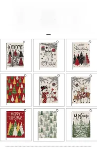 Detailed grid of assorted burlap Christmas garden flags with snowman and reindeer patterns