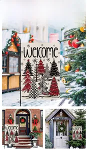 Detail of linen Christmas garden flag with Welcome text and trees shown in outdoor scenes