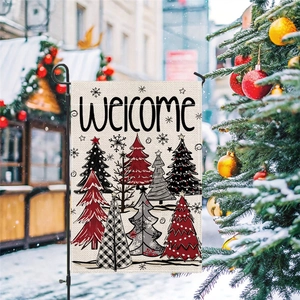 Christmas garden flag with welcome text and festive trees on snowy market backdrop