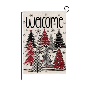 Burlap Christmas garden flag with Welcome text and decorative trees on white background