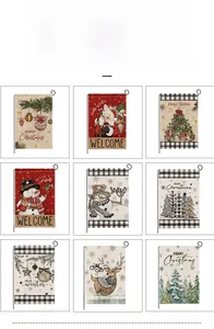 Detailed grid view of 9 Christmas garden flags with snowman and reindeer patterns