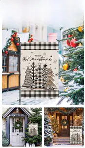 Detail of Christmas garden flag featuring buffalo plaid borders and Merry Christmas text