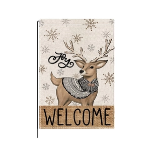 Christmas garden flag with reindeer and Joy Welcome text on beige linen texture