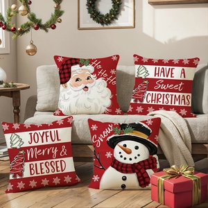 Set mit vier Weihnachts-Kissenbezügen mit Weihnachtsmann, Schneemann und Feiertagsgrüßen