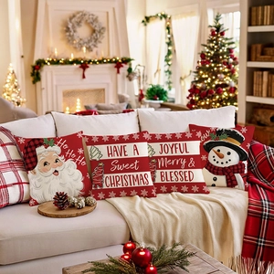 4er-Set Weihnachts-Kissenbezüge mit Weihnachtsmann und Schneemann Motiven für das Sofa