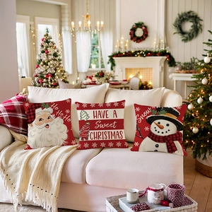 3er-Set Weihnachts-Kissenbezüge mit Weihnachtsmann- und Schneemann-Motiven für Deko