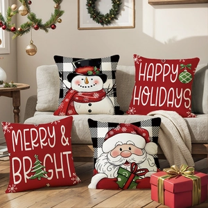 Housse de Coussin de Noël en Lin Polyester Buffalo Plaid Père Noël Bonhomme de Neige Motif Pour Maison Salon Canapé Décoratif Festif