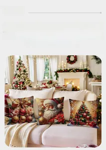 Detailed view of three festive Christmas cushion covers on a sofa with cozy holiday decor