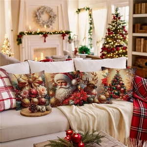Christmas pillow covers set featuring Santa, reindeer, and tree on white sofa
