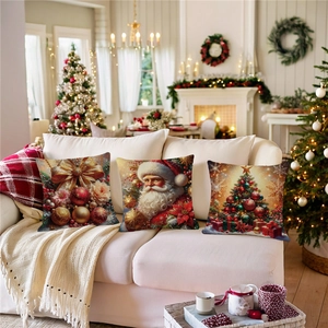 Three-piece Christmas cushion cover set with festive prints on a white sofa scene
