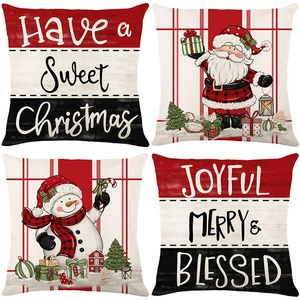 Lot de 4 housses de coussin de Noël avec Père Noël, bonhomme de neige et lettrage