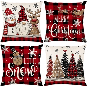 Christmas Throw Pillow Covers Buffalo Plaid Linen Decorative Case Sofa Couch Gnome Snowman Reindeer Pattern Pillowcase