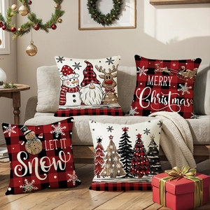 Set of 4 Christmas pillow covers with buffalo plaid edges and festive holiday patterns
