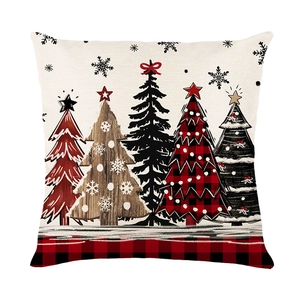 Christmas pillowcase featuring five artistic trees with red and black plaid patterns