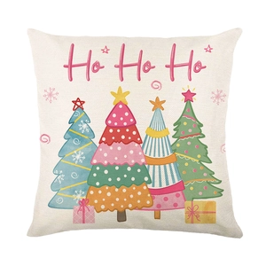 Christmas square pillowcase with four festive trees and Ho Ho Ho text on beige canvas