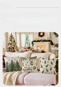 Detailed close-up of three Christmas theme pillow covers with pine tree and snowflake patterns