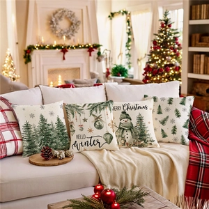 Set of four Christmas decorative pillow covers with winter trees and snowman patterns