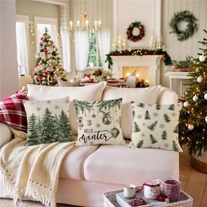 Three-piece linen Christmas pillow covers featuring winter trees and HELLO winter print