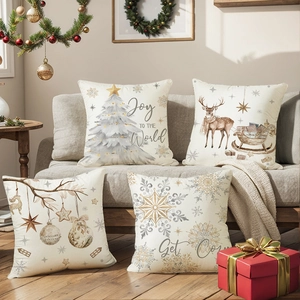 Christmas Pillowcases Polyester Linen Texture Reindeer Snowflakes Hidden Zipper Holiday Sofa Decor Home Party