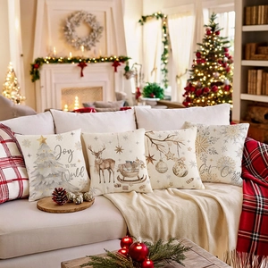 Set of 5 Christmas throw pillow covers with festive tree and reindeer designs for home decor