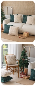 Détail de la housse de coussin de Noël brodée avec tissu peluche et sapins