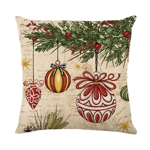 Vintage Christmas pillow case with hand-painted ornaments and berries on beige fabric