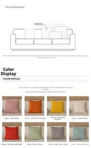 Detail showing 45x45cm corduroy cushion covers in eight colors with size reference chart