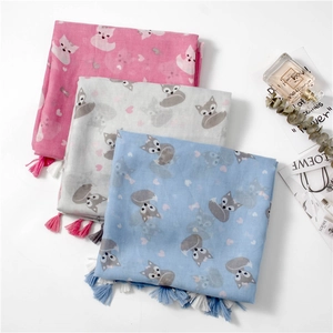 Women Cotton Scarf Lightweight Long Shawl With Cute Cartoon Fox Heart Print And Colorful Tassel Trim Elegant Decorative Wrap