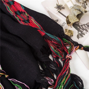 Detailed close-up of a black knit scarf featuring vibrant multi-colored fringe tassels