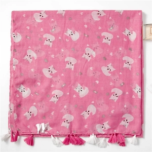 Detailed shot of pink scarf with white cat prints, grey hearts, and soft fringe tassels