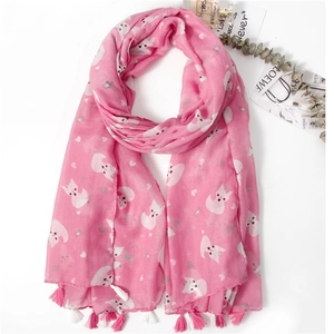 Pink creative scarf with fox heart patterns and fringe tassels in elegant gift setting