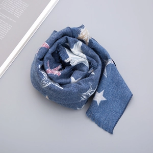 Thick blue children cashmere-like scarf with large star print and soft fringe tassels