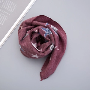 Burgundy knit scarf with white stars and fringes for kids, soft warm winter accessory